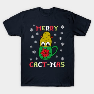 Merry Cact Mas - Small Christmas Cactus In Poinsettia Mug T-Shirt